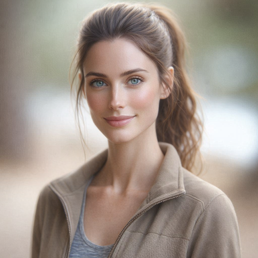A young woman with blue eyes and red hair in a ponytail, smiling outdoors on a softly blurred background.