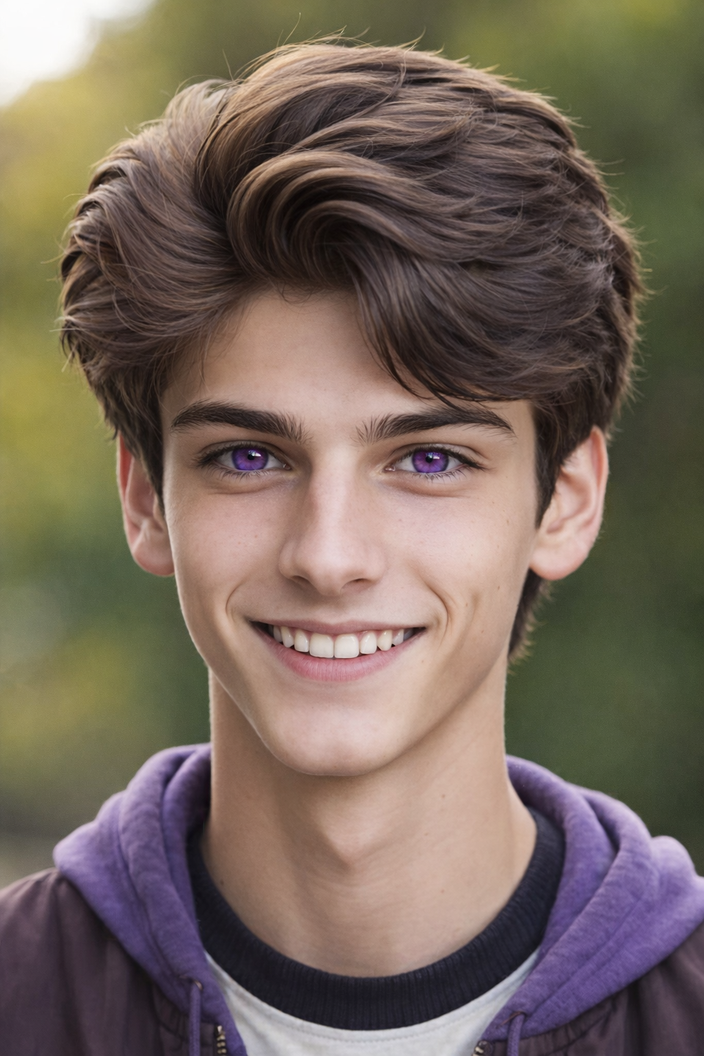 Close-up of a teenage boy smiling outdoors with purple eyes and brown hair, wearing a purple hoodie.