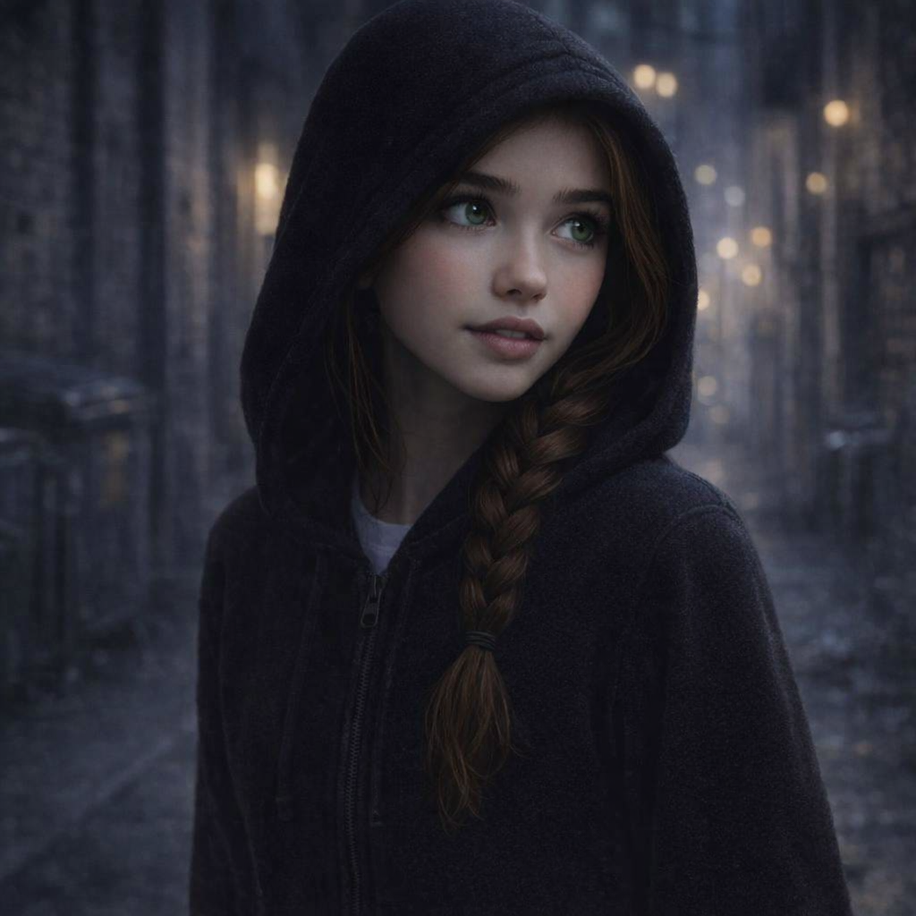 Young woman with green eyes and brown hair in a braid, wearing a black hoodie, outdoors in a dark, foggy forest with faint lights in the background.
