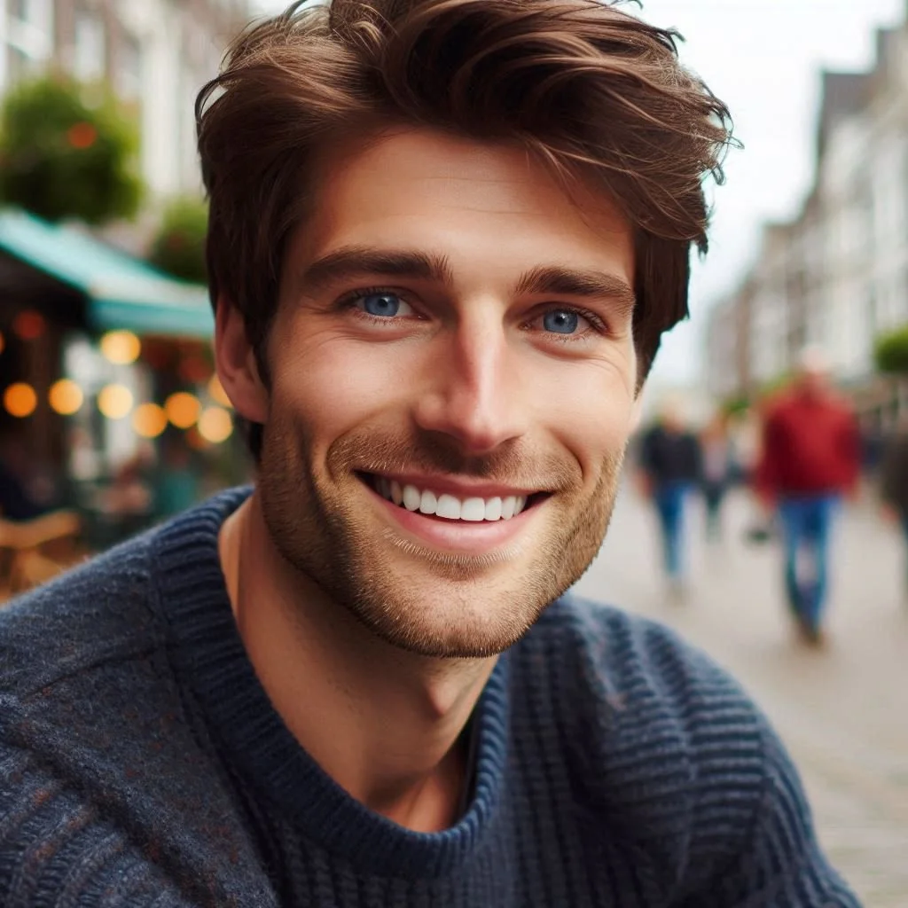 A happy young man with blue eyes, brown hair, and a beard, smiling outdoors in a busy street setting during daytime.