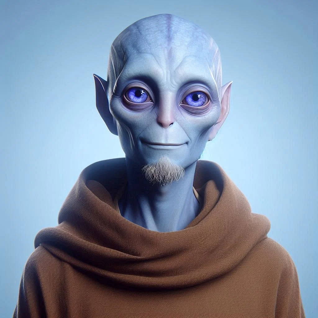 A animated character with large blue eyes, blue skin, a small beard, pointed ears, and a bald head, wearing a brown cloak, against a light blue background.