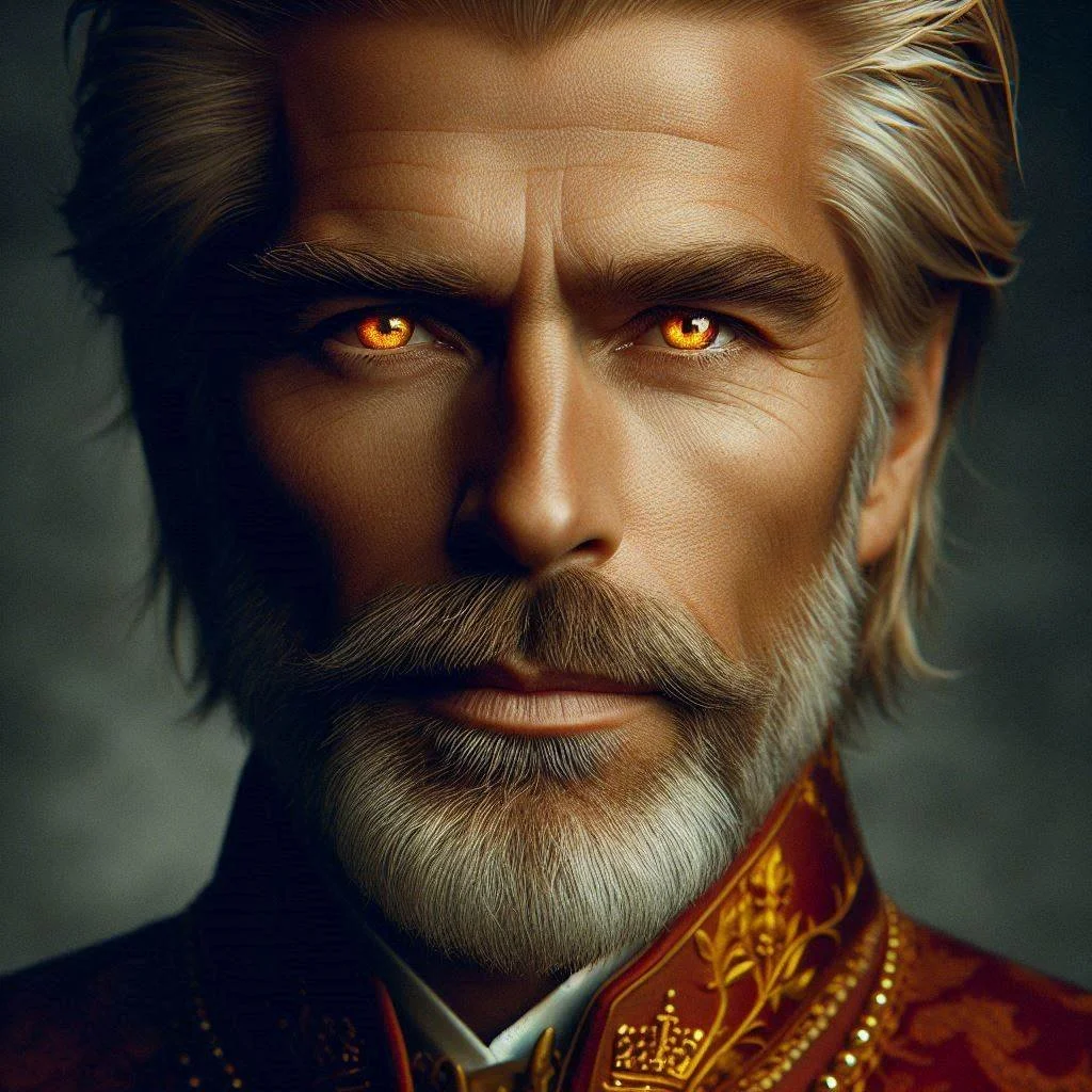 Close-up of a mature man with silver hair and beard, wearing a richly embroidered red and gold jacket, with intense golden eyes.