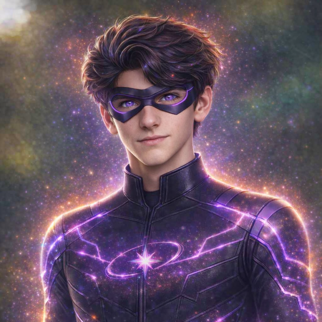 A young male superhero with purple eyes, wearing a black mask and a black suit with glowing purple and pink cosmic patterns, against a cosmic background filled with stars and nebulae.