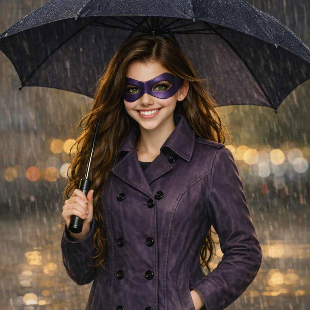 A woman with long brown hair, wearing a purple trench coat and a purple mask, holds a black umbrella in the rain with blurred city lights in the background.
