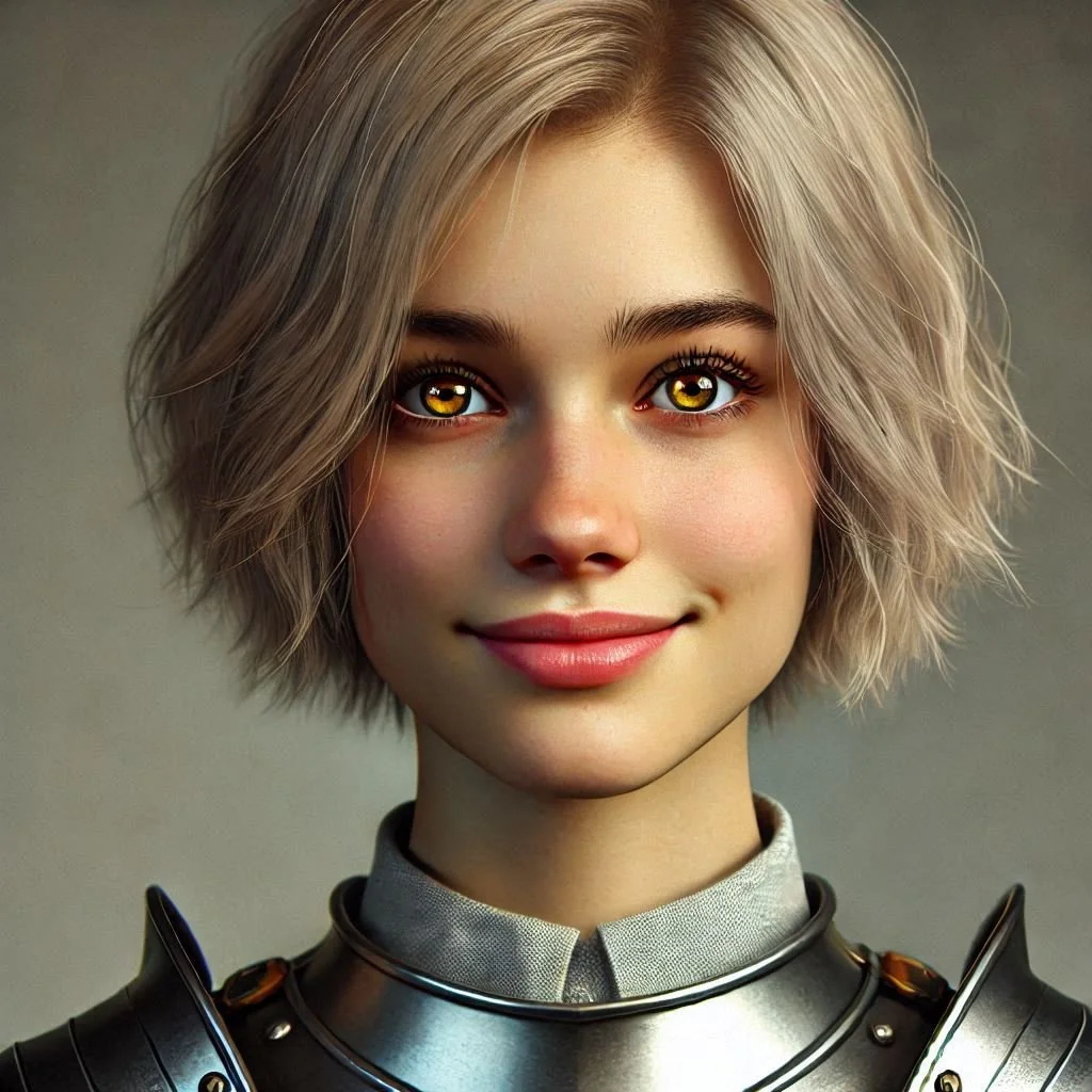 A young woman with short, wavy blonde hair and amber eyes, wearing a futuristic metallic outfit.