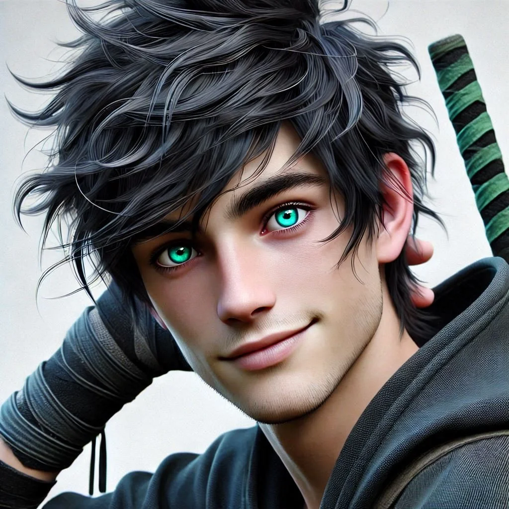 A young man with tousled black hair and bright blue eyes, smiling, wearing a black jacket, with a sword on his shoulder.