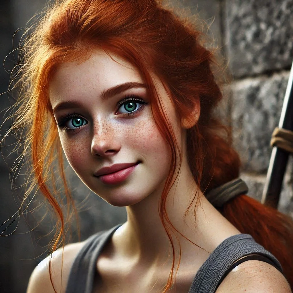 A young woman with red hair and blue eyes, smiling softly, against a stone wall background.