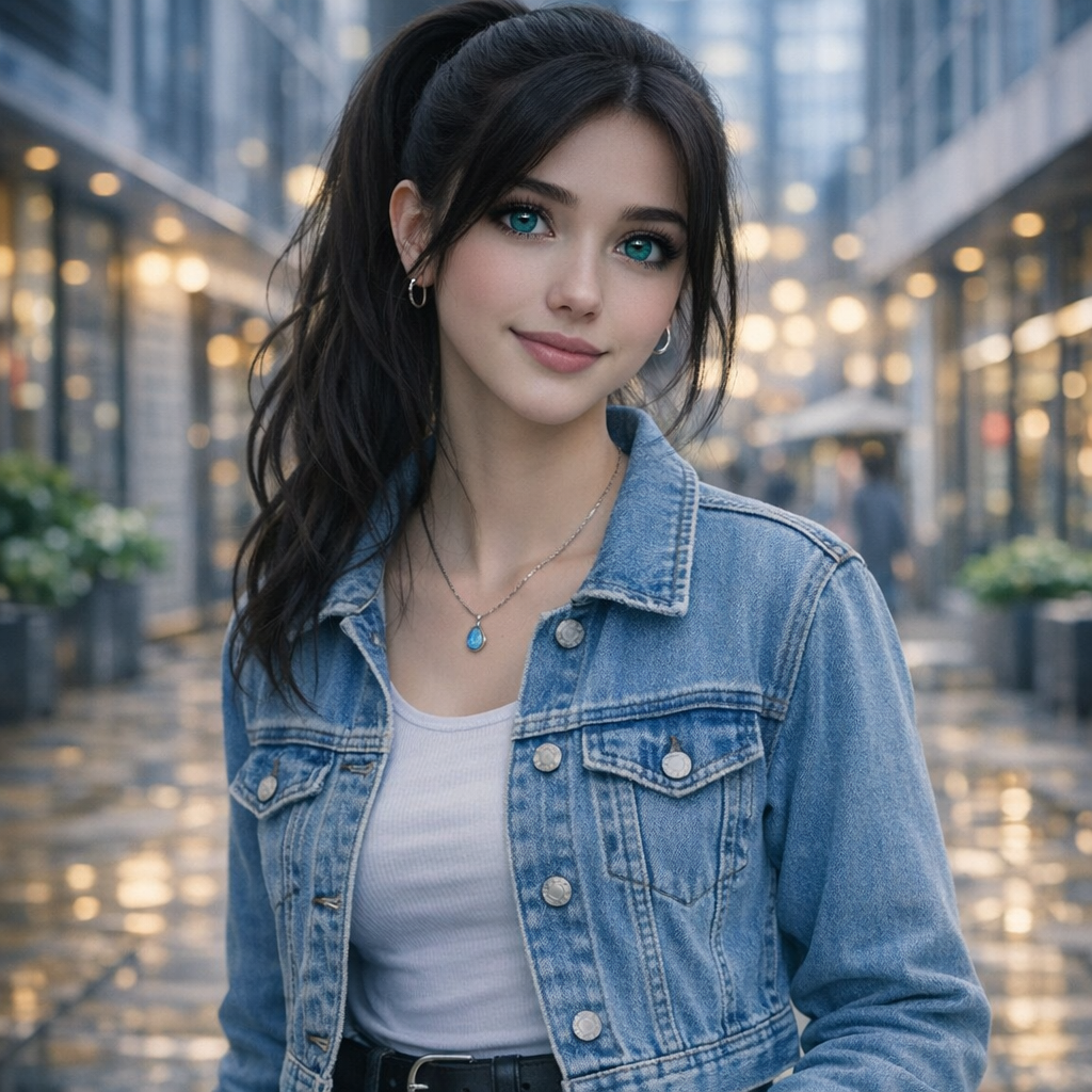 A young woman with long dark hair and bright blue eyes standing on a wet city street at dusk, wearing a denim jacket and smiling at the camera.