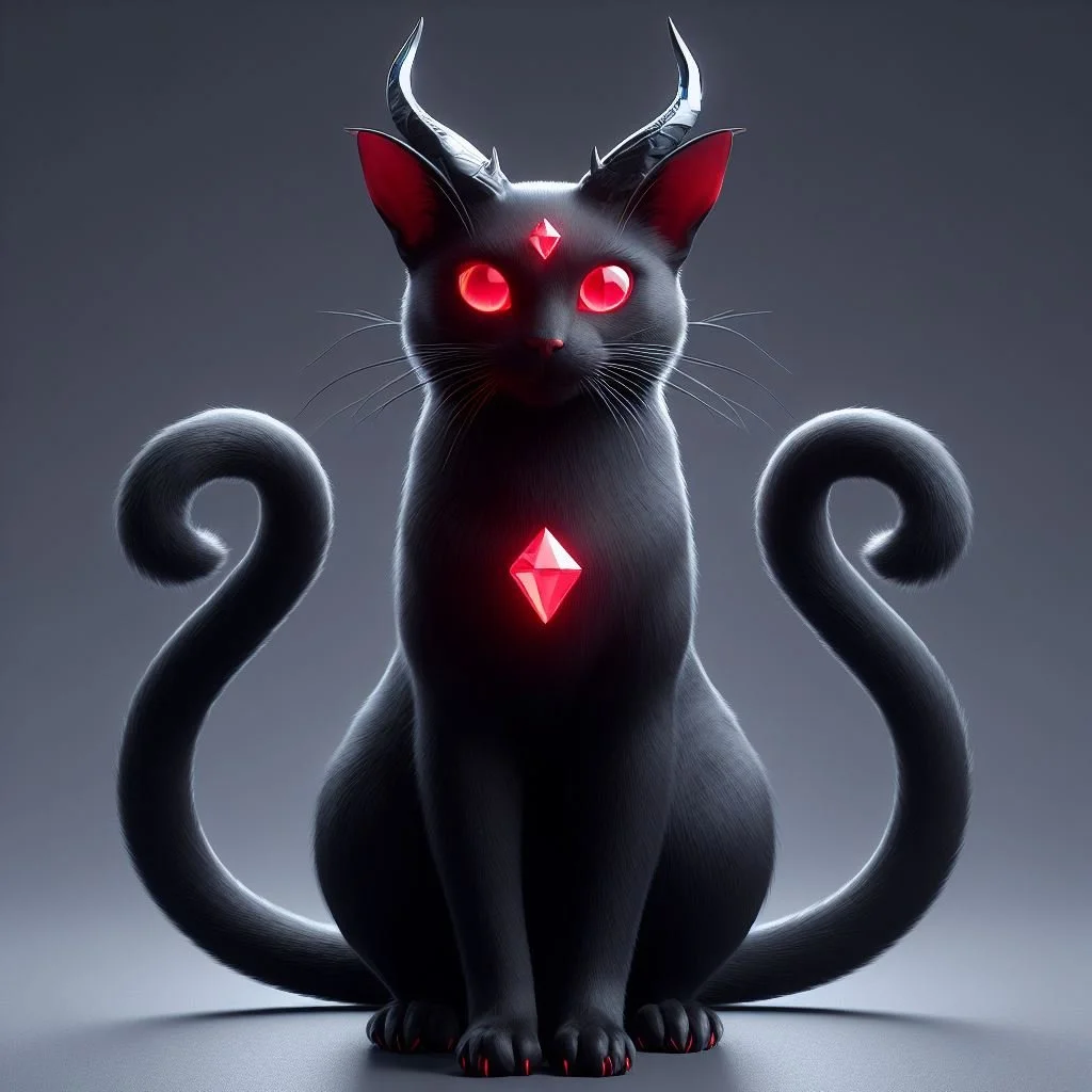 A black cat with glowing red eyes, illuminated red gemstones on its forehead and chest, with large curled tails, and wearing a crown of horns, against a dark background.