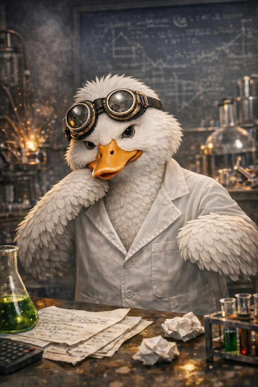 A person dressed as a scientist with a goose mask, wearing goggles and a lab coat, in a laboratory setting with scientific equipment and notes on the desk.