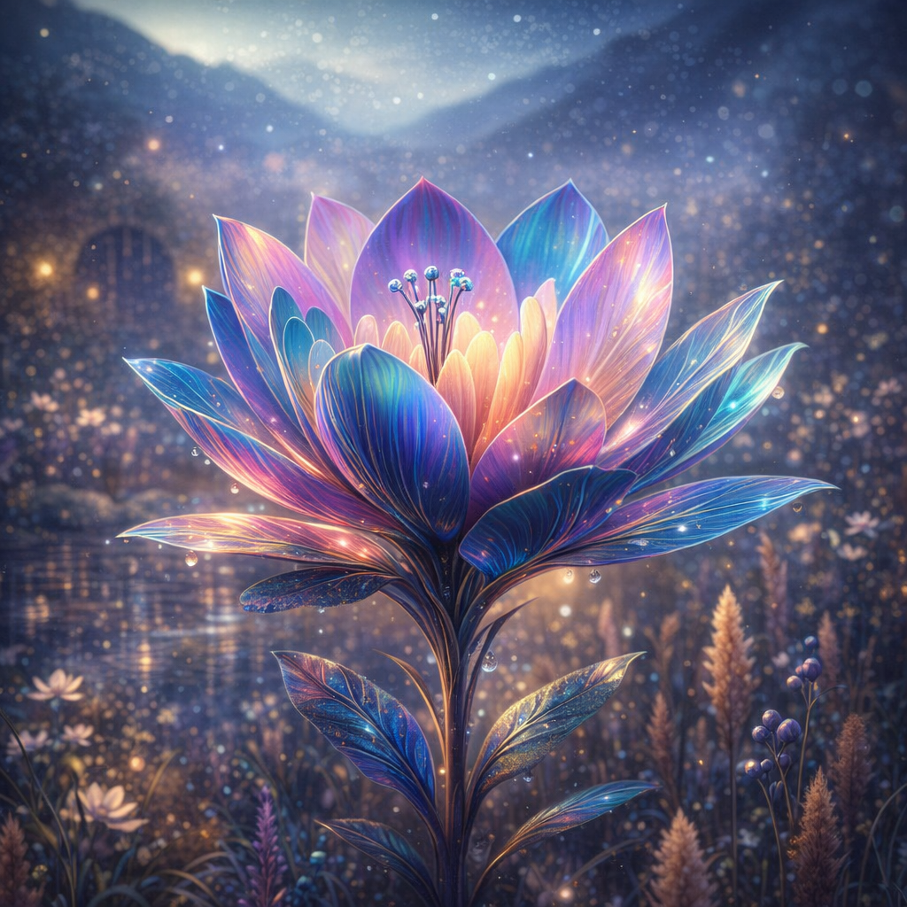 A glowing, fantasy-style flower with vibrant, iridescent petals in shades of blue, purple, and pink illuminated by a magical light, set against a sparkling, mystical background.