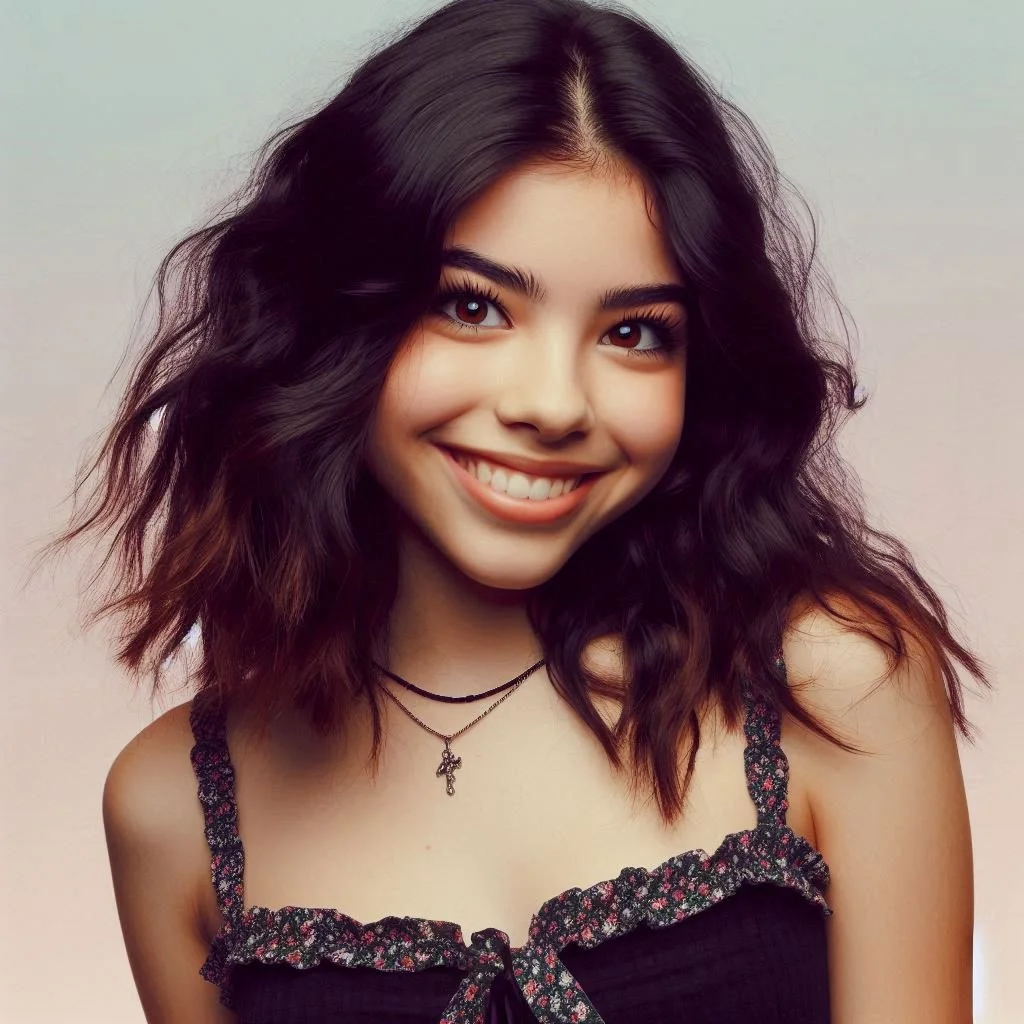 Portrait of a young woman with wavy dark hair, smiling, wearing a floral top with ruffled straps and layered necklaces.