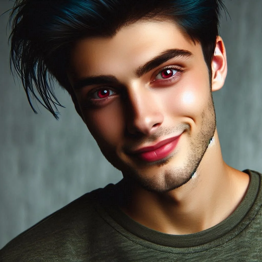 Close-up of a young man with dark hair, light skin, and red eyes, smiling at the camera, wearing a green shirt.