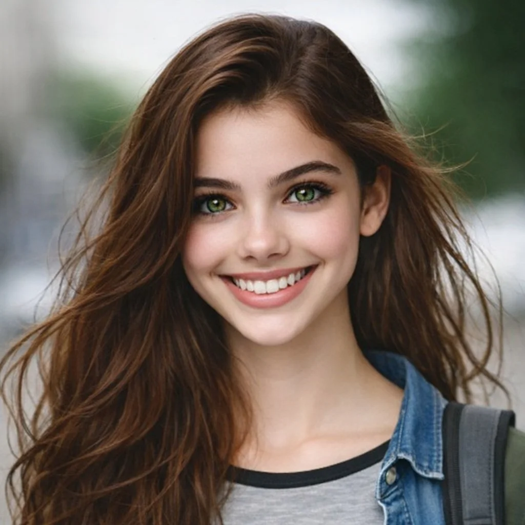 A young woman with long, wavy brown hair, bright green eyes, and a big smile, wearing a denim jacket over a gray shirt with black trim, standing outdoors with blurred background.