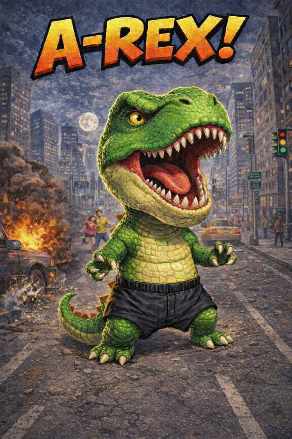 Cartoon of a T-Rex dinosaur wearing shorts, standing in a city street with destruction, cars, and people in the background, and the text 'A-REX!' at the top.