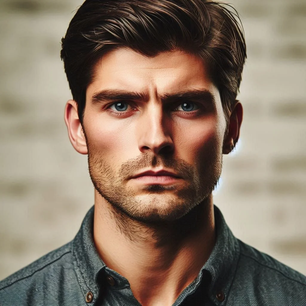 Close-up photo of a young man with dark hair, blue eyes, and a serious expression, wearing a dark collared shirt.