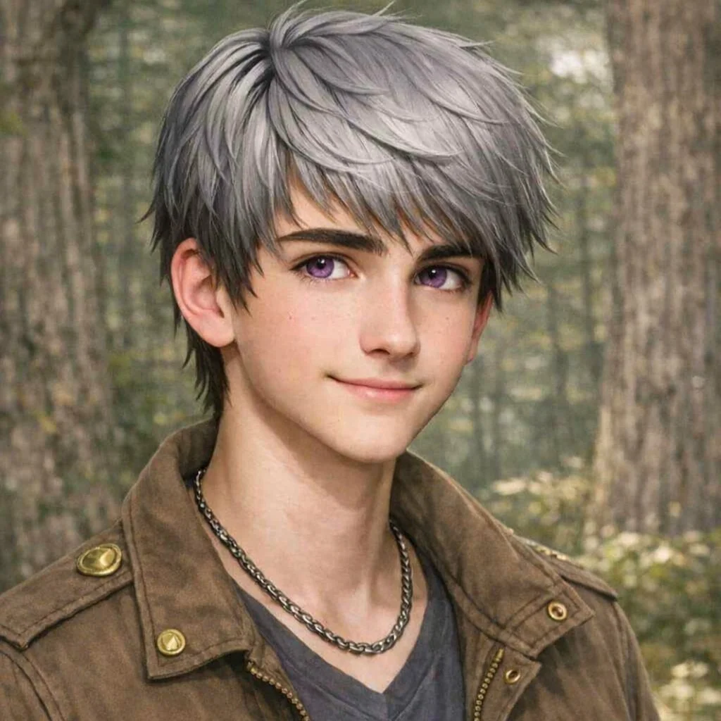 A young person with short, layered gray hair with a slight purple tint, wearing a brown jacket with gold buttons, a black V-neck shirt, and a silver chain necklace, standing outdoors in a wooded area.