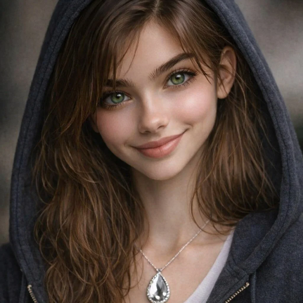 Young woman with green eyes and long wavy brown hair smiling, wearing a gray hoodie and a teardrop-shaped pendant necklace.