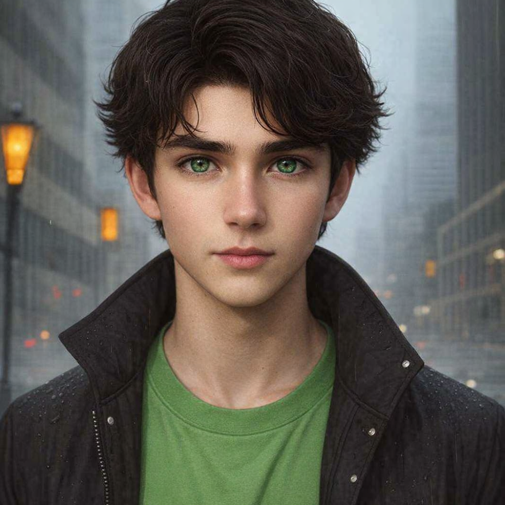 Young man with wavy dark hair and bright blue eyes, wearing a green t-shirt and black jacket, standing on a rainy city street with tall buildings in the background.