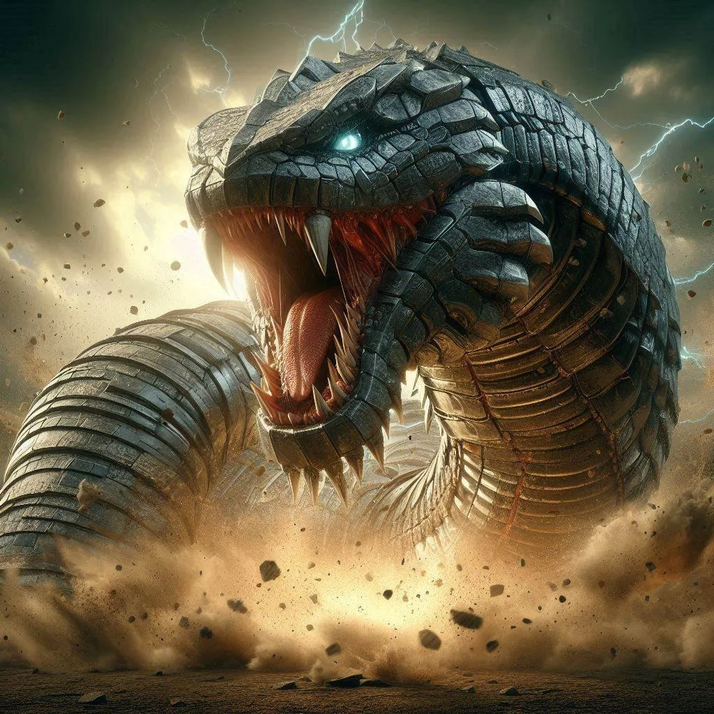 A giant mechanical snake with glowing eyes and sharp teeth, emerging from a cloud of dust and debris with lightning in the background.
