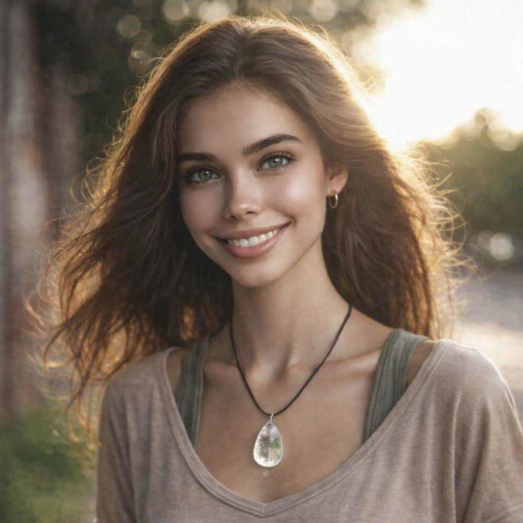 A smiling young woman with long wavy brown hair, wearing a beige t-shirt and a necklace with a large teardrop-shaped pendant, standing outdoors in natural sunlight.