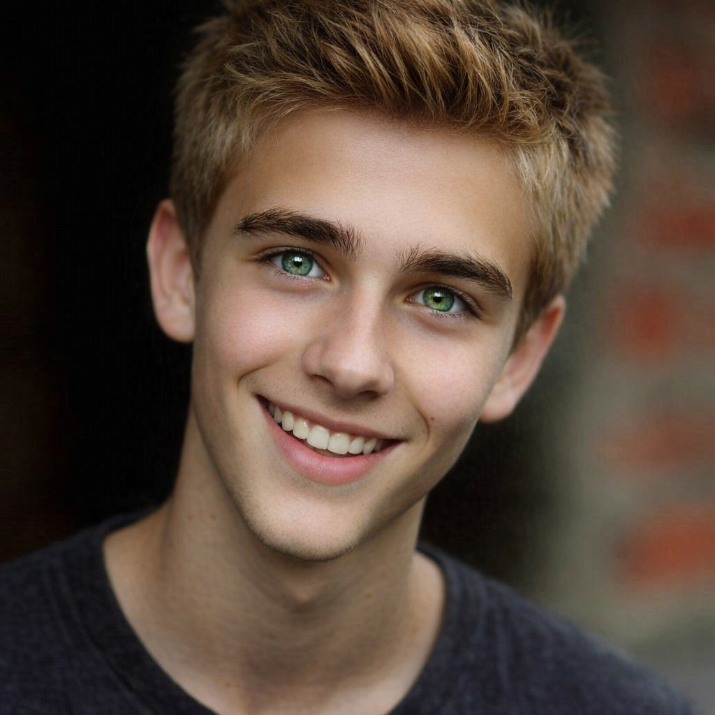 Close-up photo of a young man with blonde hair and green eyes, smiling, wearing a dark shirt, with a blurred outdoor background.