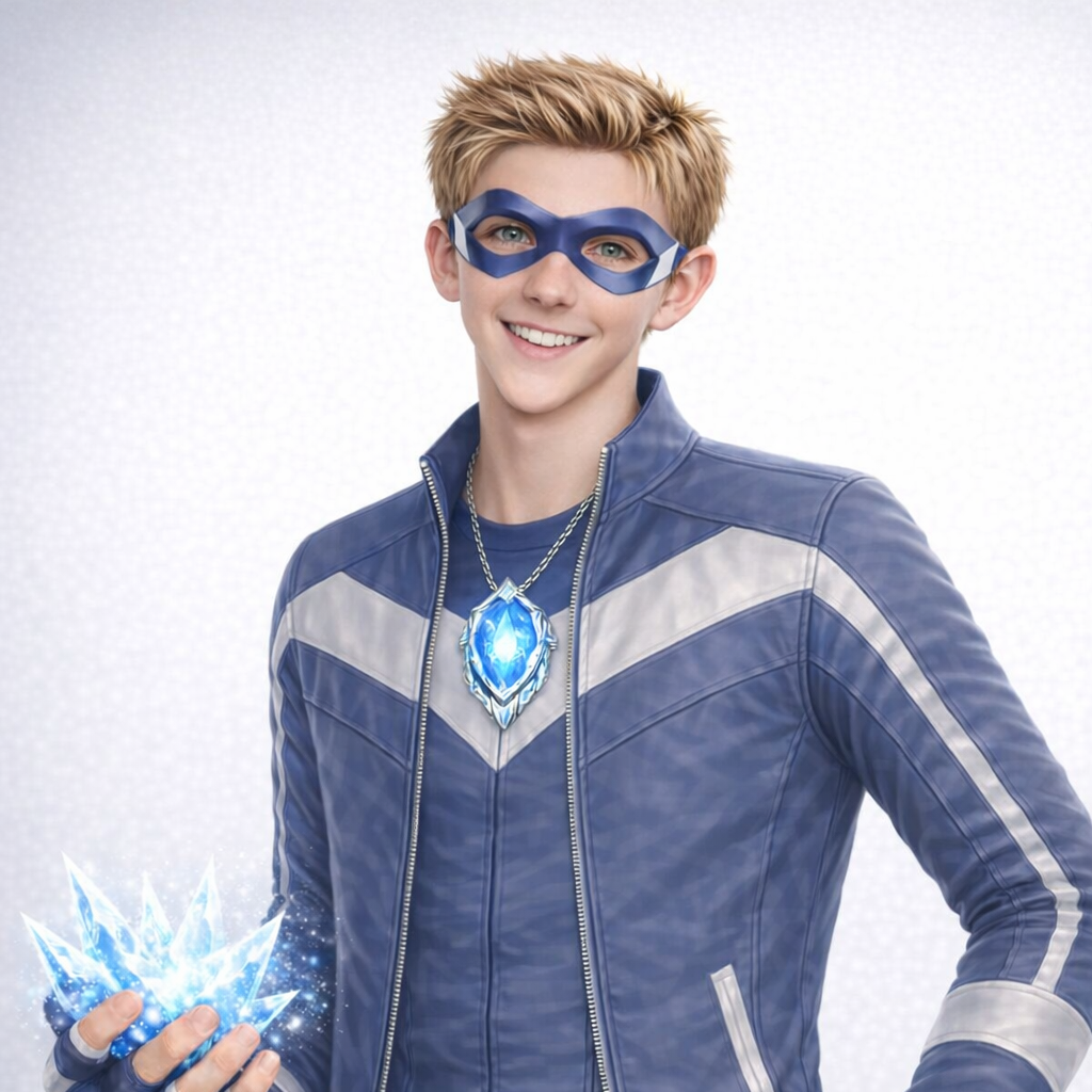A young person dressed as a superhero, wearing a blue mask, blue jacket, and jewelry with glowing blue crystals, holding a set of ice crystals in hand, smiling against a plain white background.