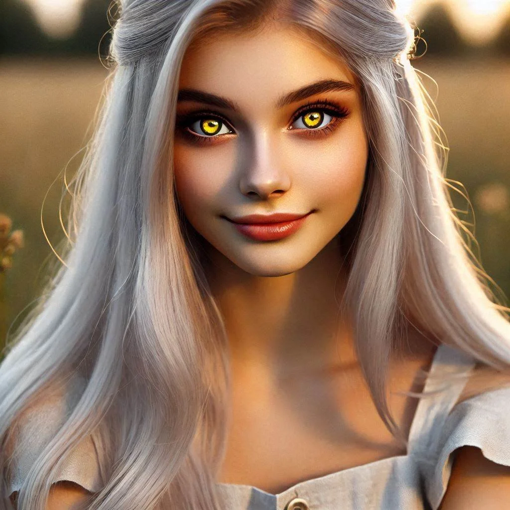 A young woman with long, platinum blonde hair and yellow eyes, smiling outdoors during sunset.