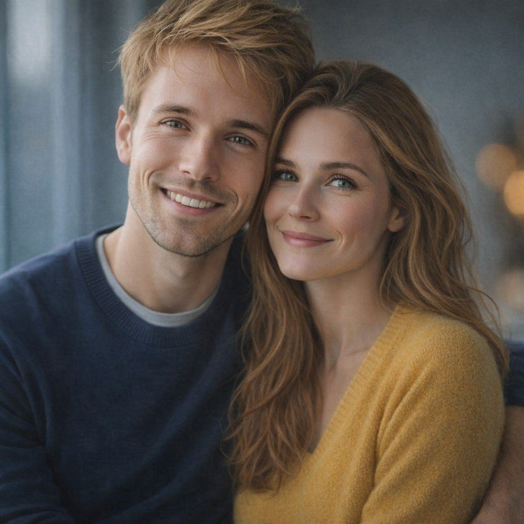 Close-up of a smiling young man and woman with light skin and red hair, sitting closely together indoors.