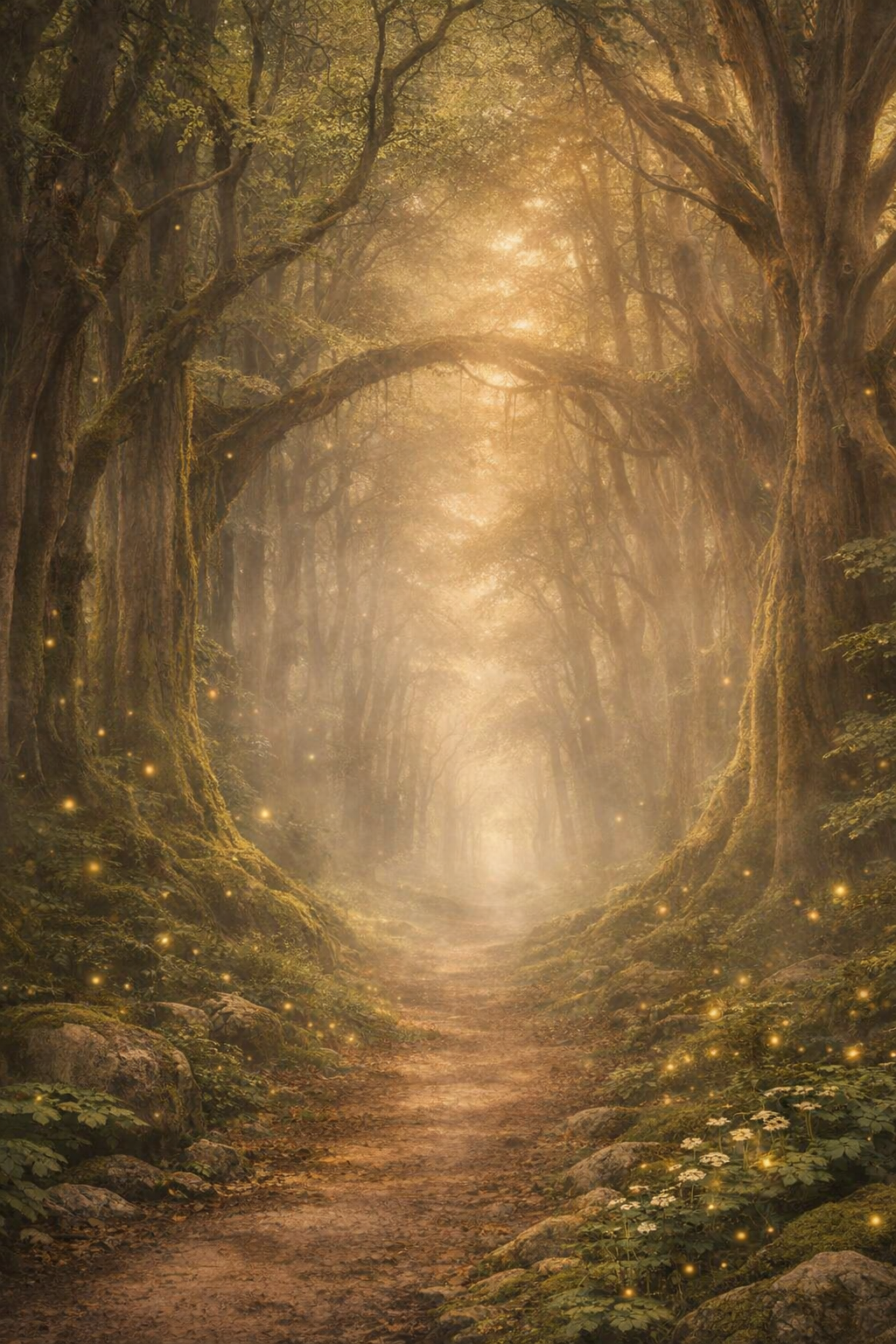 A mystical forest pathway with tall, moss-covered trees arching overhead, glowing fireflies illuminating the scene with a golden light as sunlight filters through the canopy.