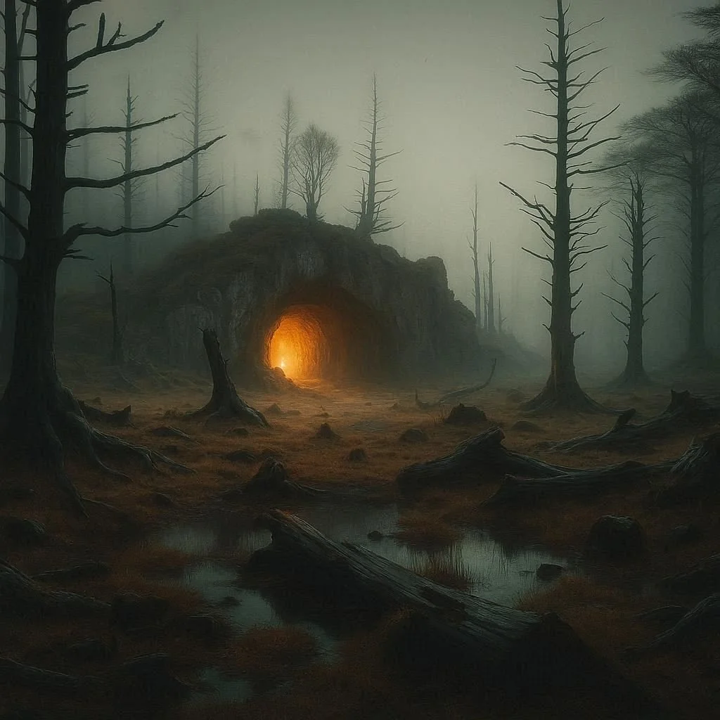 A dark, eerie forest with leafless trees, a small hill with a glowing orange cave opening, and a foggy background with a muted greenish-gray sky.
