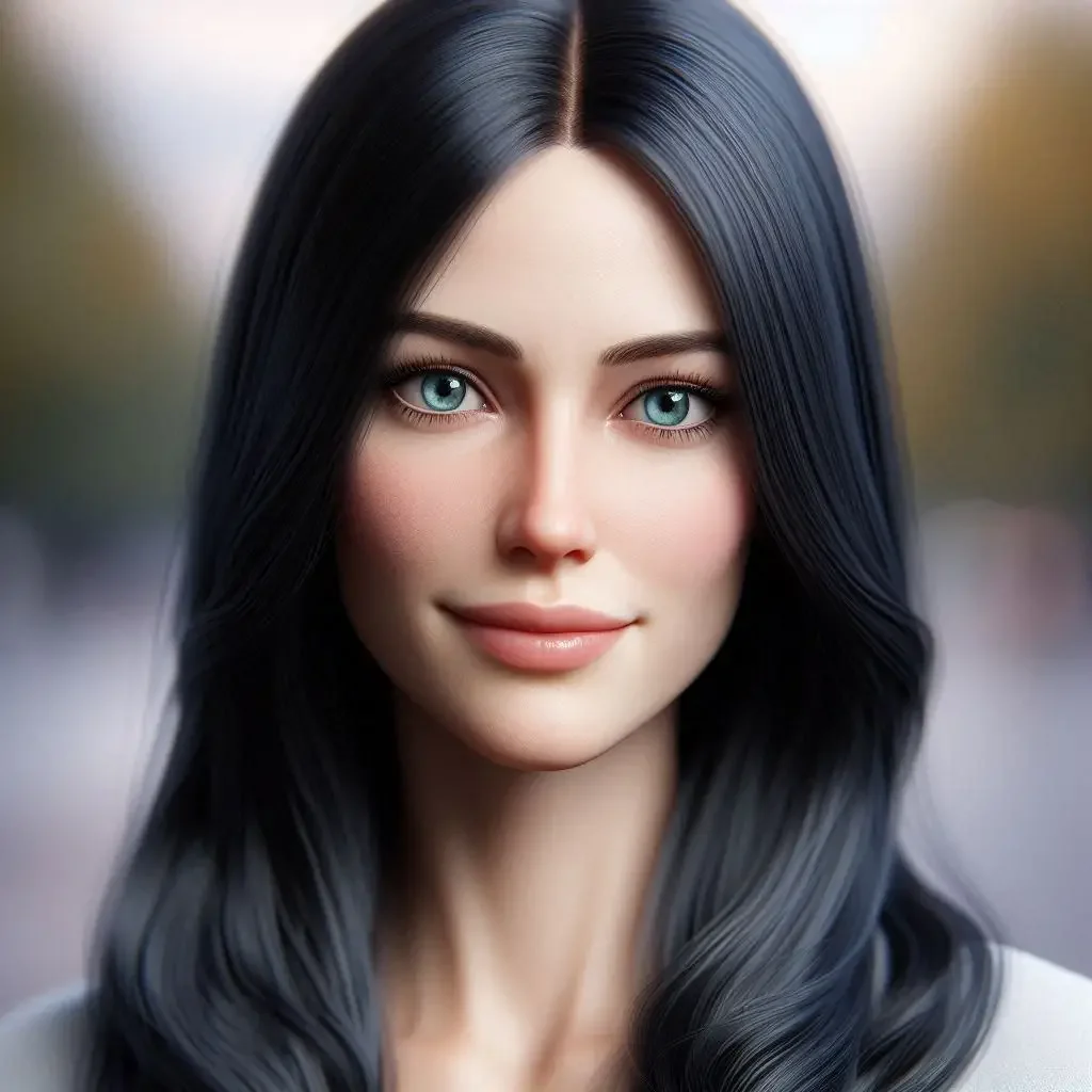 A close-up portrait of a woman with long, wavy black hair and striking blue eyes, smiling softly against a blurred background.