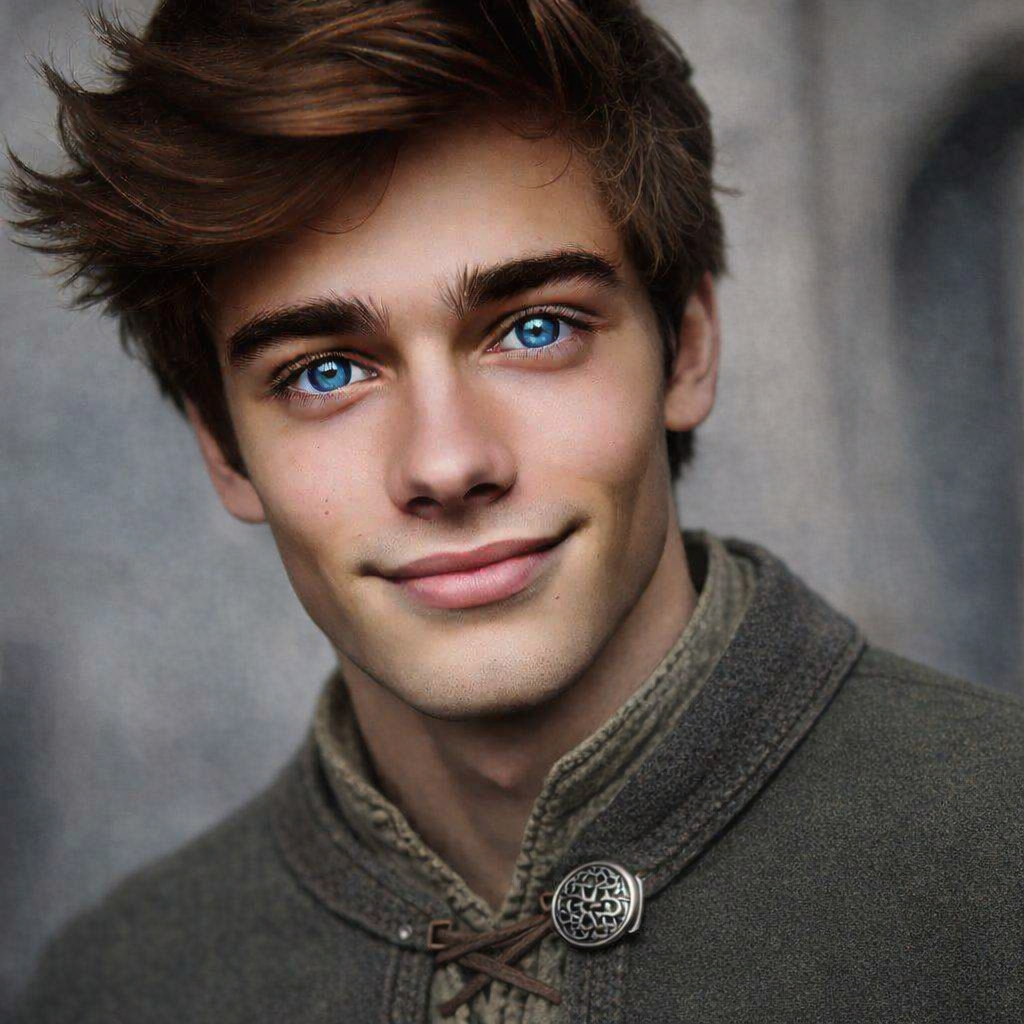 A young man with bright blue eyes, brown hair, and a slight smile, wearing a traditional gray coat with a decorative clasp.
