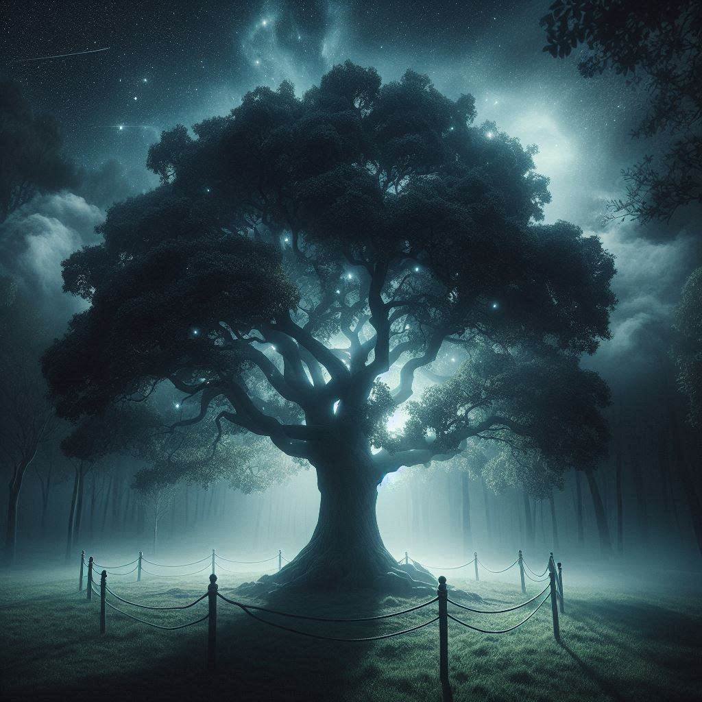 A large, majestic tree under a night sky filled with stars and the Milky Way, surrounded by a circular rope fence in a foggy, forested area.
