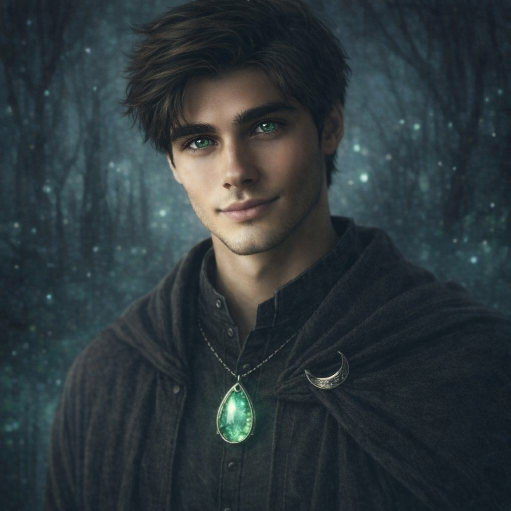A young man with brown, tousled hair and piercing green eyes, wearing a dark shirt and a black cloak with a moon-shaped clasp, standing in a moonlit, enchanted forest.