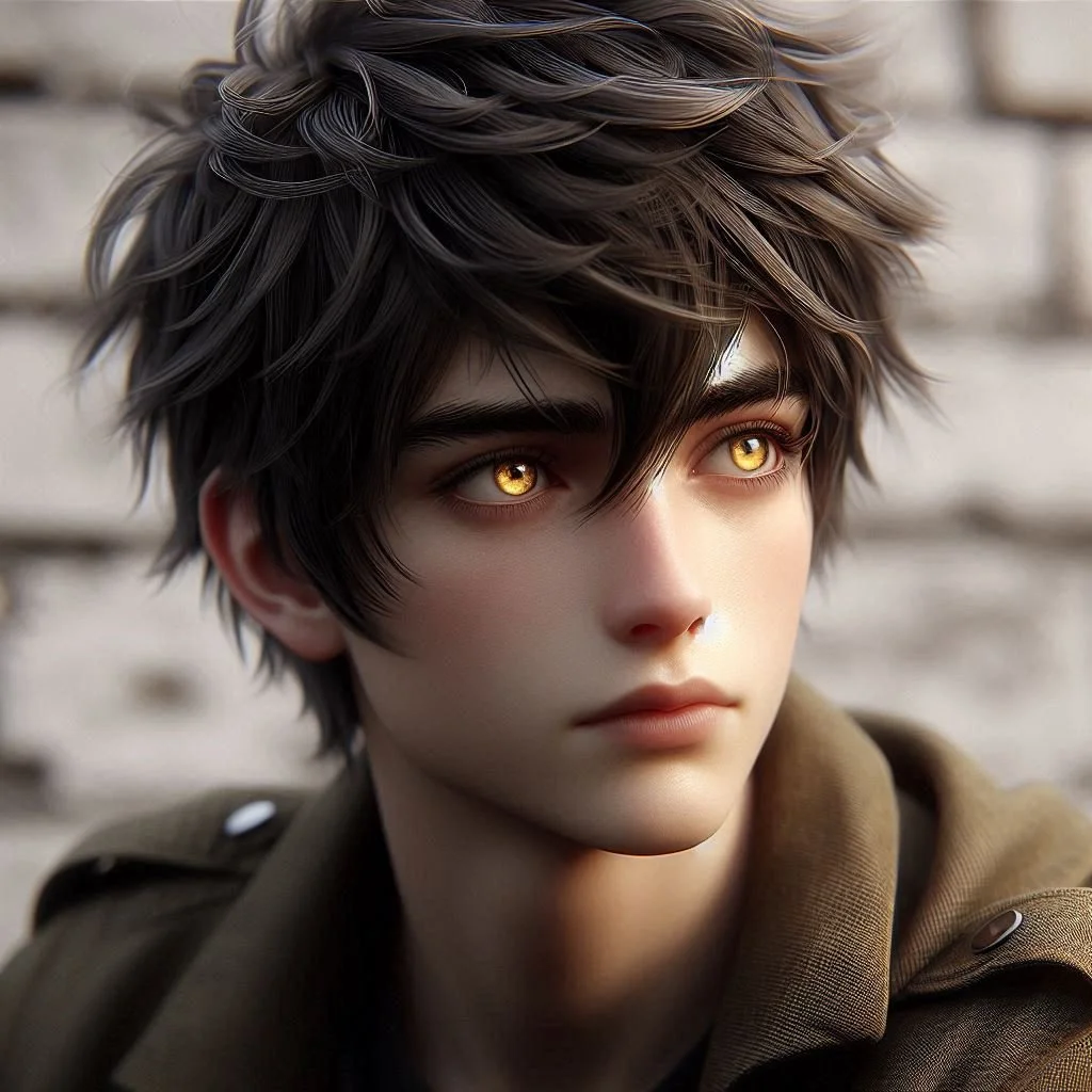 A young person with tousled, dark hair and striking golden eyes, wearing a brown jacket, looking pensively into the distance against a blurred background.