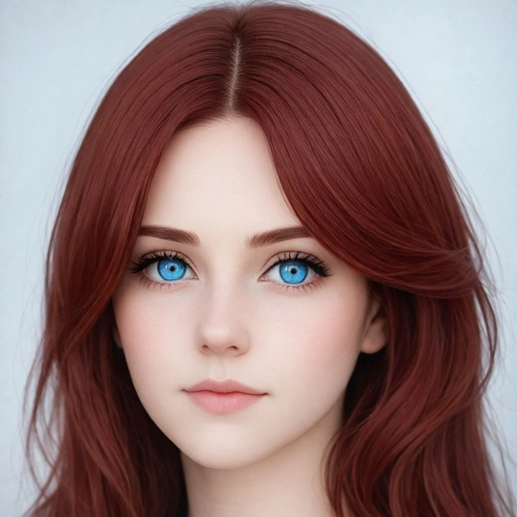 Close-up of a woman with long, wavy red hair and bright blue eyes, looking directly at the camera with a neutral expression.
