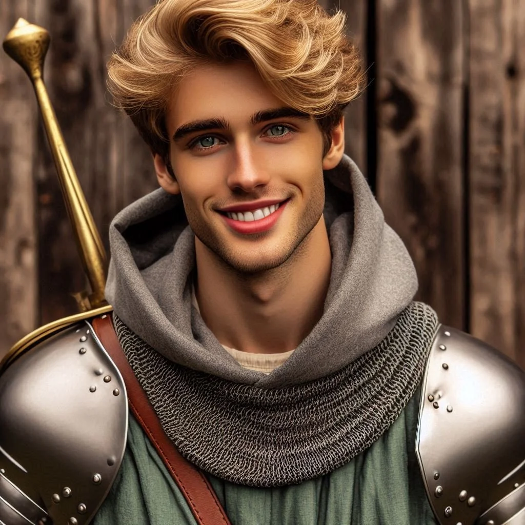 Young man with blonde hair and bright blue eyes smiling, dressed in medieval knight armor with a background of wooden planks.