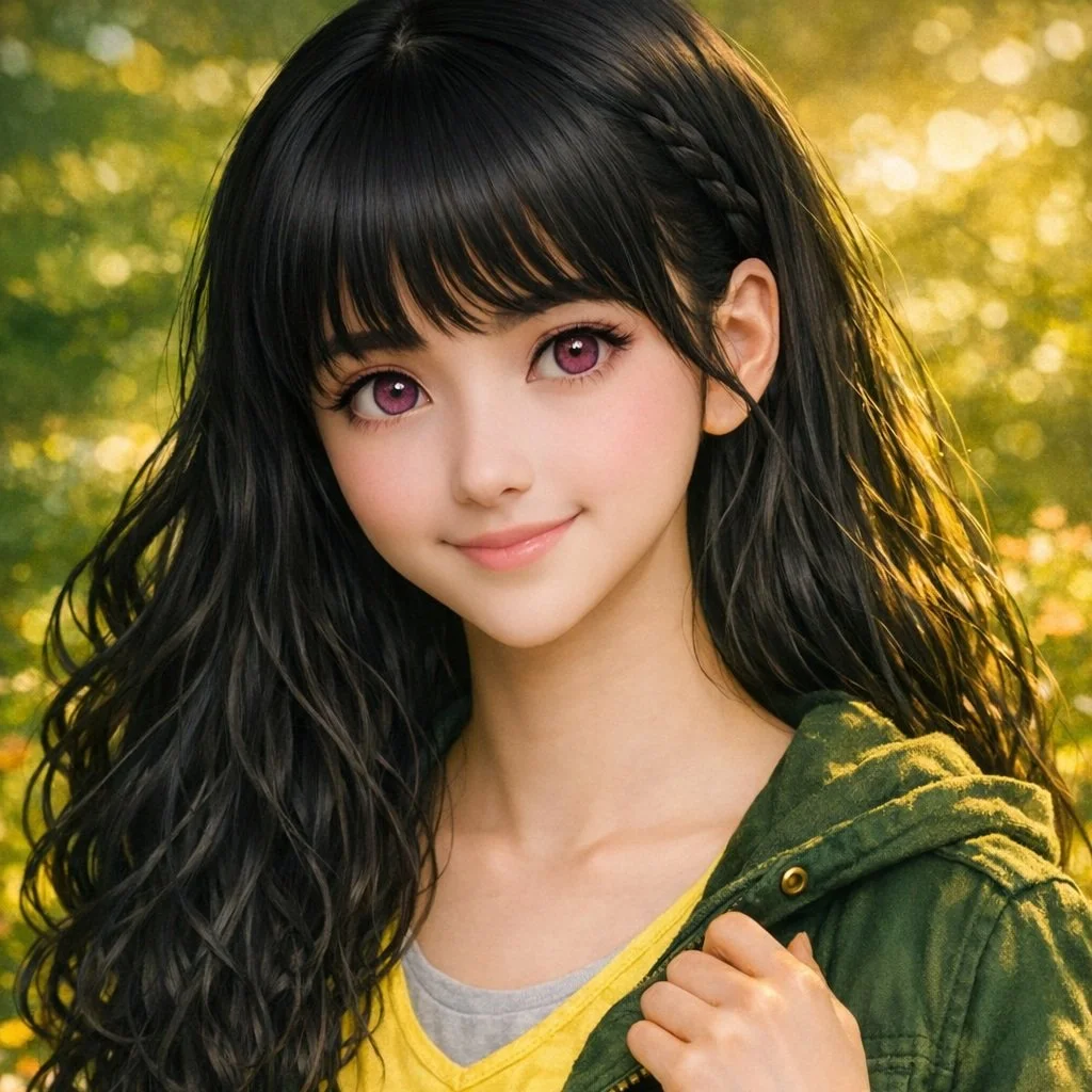 A young girl with long, dark, curly hair and purple eyes, smiling outdoors during the golden hour with blurred green foliage in the background.