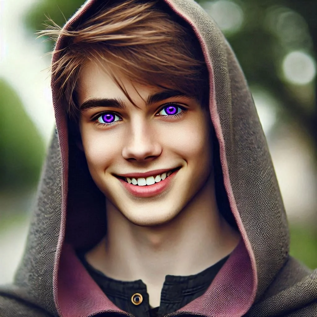 A young person outdoors with a hood over their head, smiling with purple-colored eyes, wearing a dark shirt layered with a hooded garment.