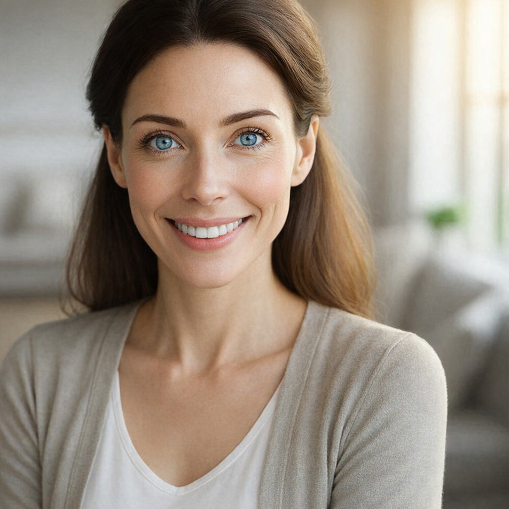 A woman with long brown hair and blue eyes smiling at the camera, indoors with a blurred background