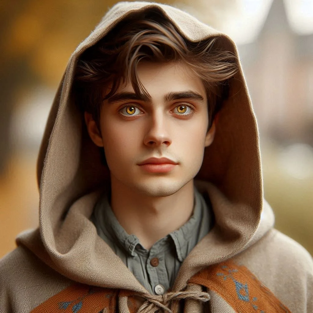 A young person with neat green eyes, light skin, and brown hair, wearing a beige hooded cloak and a grey shirt, standing outdoors with blurred autumn foliage in the background.