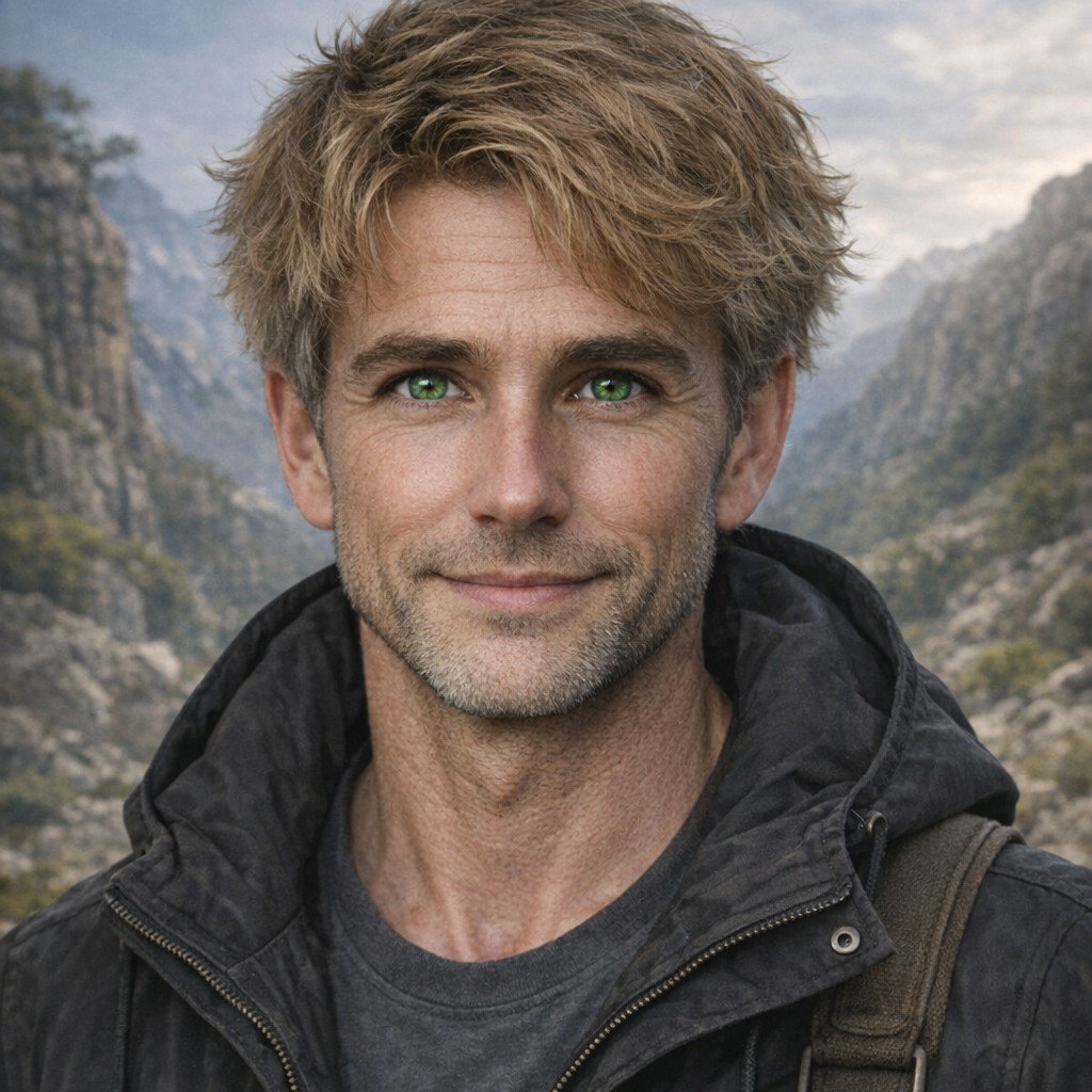 A man with light brown, messy hair and green eyes standing outdoors in a mountainous landscape.