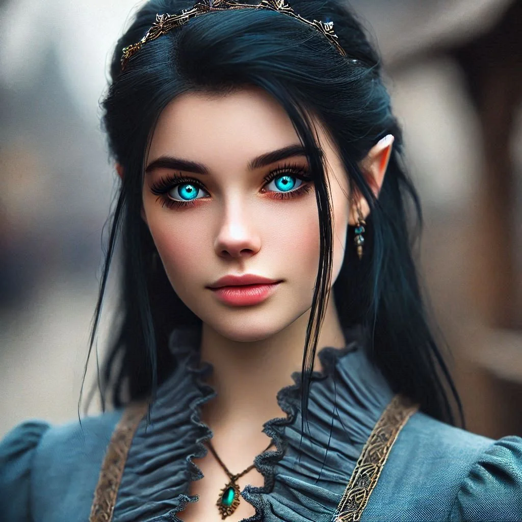 A fantasy character with glowing blue eyes, long black hair, elf ears, and medieval-inspired clothing and jewelry.