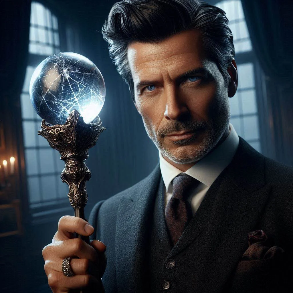 A man with gray hair and a beard, wearing a suit with a tie, holds a crystal ball with electric sparks inside in a dark, elegant room with large windows.