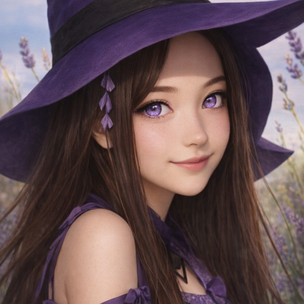 A woman dressed as a witch with purple eyes, wearing a large purple hat and purple dress, standing in a lavender field.
