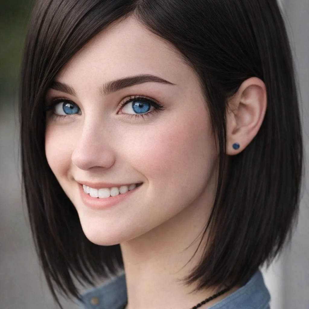 Close-up of a smiling young woman with blue eyes, dark brown hair, and wearing small blue earrings.