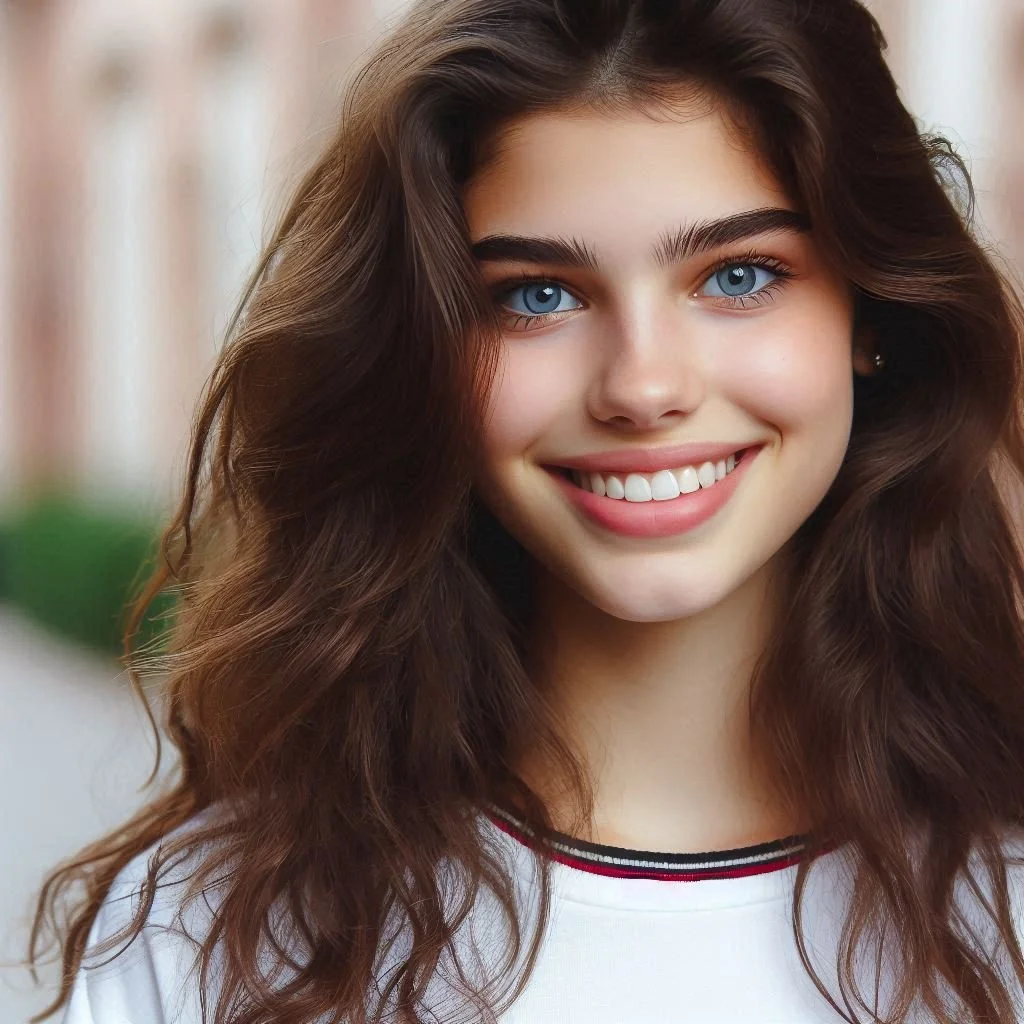 Close-up of a young woman with wavy brown hair and blue eyes smiling at the camera.