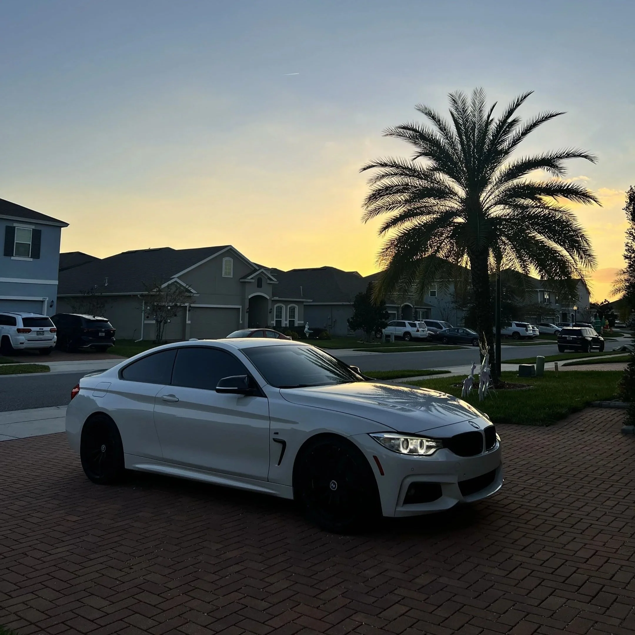 A white coupe car parked on brick driveway at sunset with a palm tree and suburban houses in background.