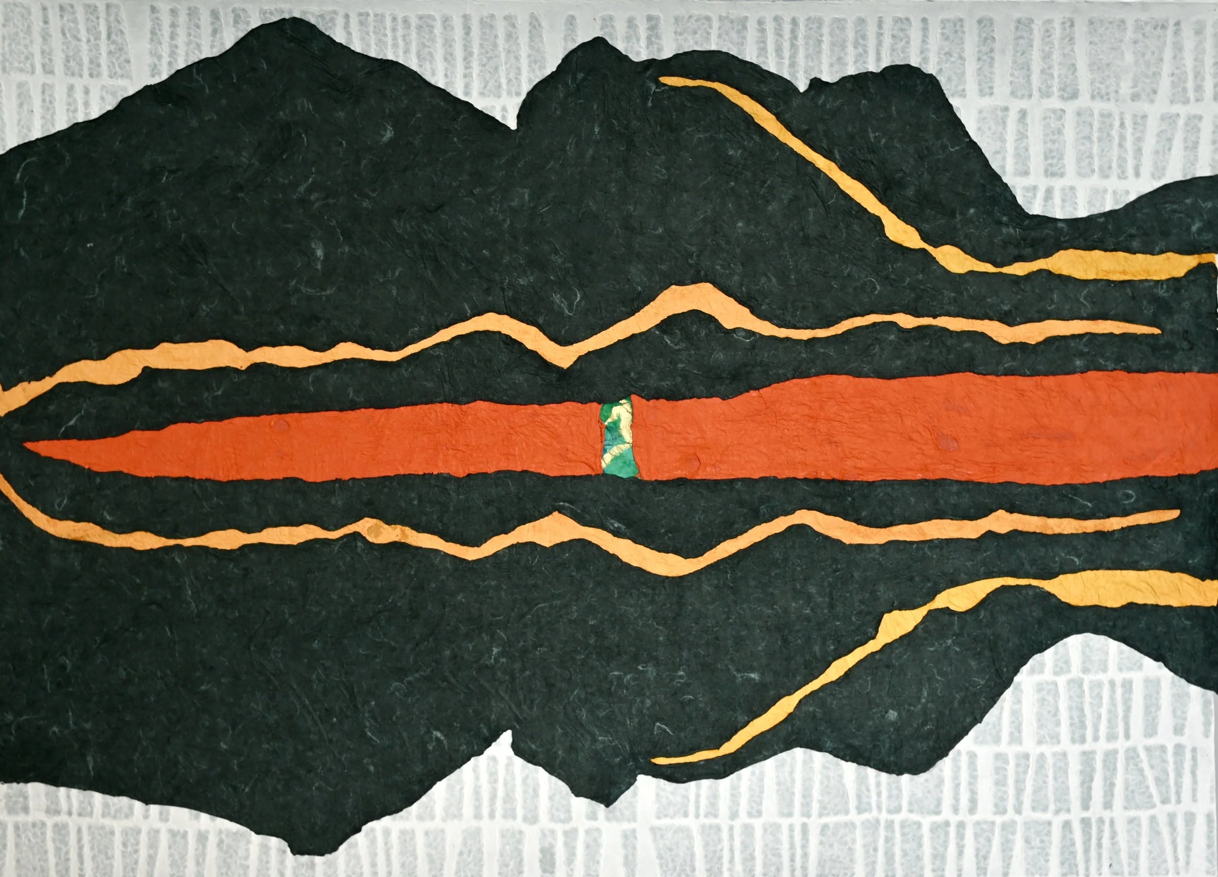Mixed media paper collage depicting a mountain landscape reflected in water made with Joomchi, a 500-year-old Korean paper-making technique that uses water to seal several layers of handmade paper together to create a single organic form.